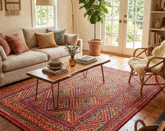 Chindi Rug, Multicolor Recycled Cotton Braided Area Rug With Diamond Pattern