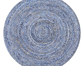 Handmade Braided Jute Rug, Round Boho Style, Blue Beige