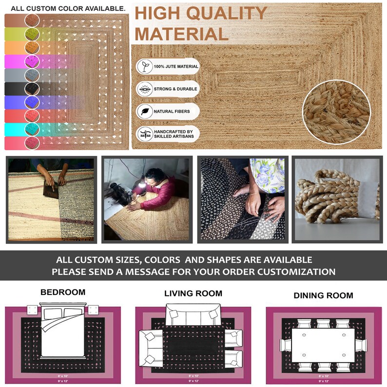 Handmade Jute Rug Beige White Braided Rug Geometric Dining Room Rug