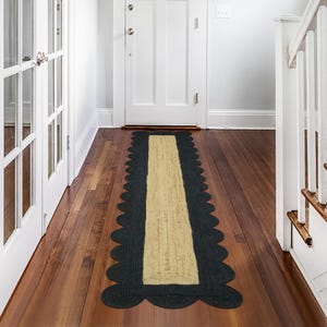 Braided Jute Runner Rug, Black Scalloped Border, Boho Decor