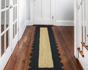 Braided Jute Runner Rug, Black Scalloped Border, Boho Decor