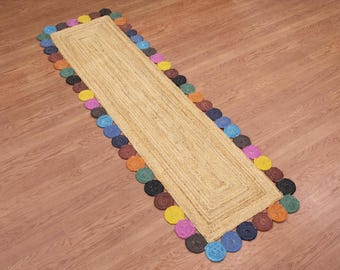 Hand Braided Jute Rug Runner, Multicolor Scalloped Boho Decor