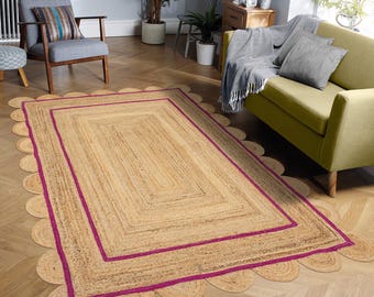 Pink Trim Jute Rug, Natural Scalloped Hand Braided Boho Rug