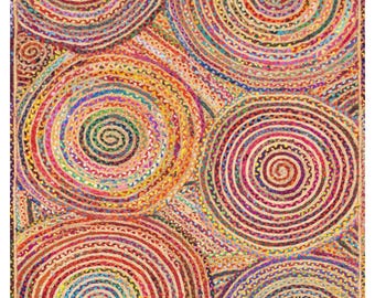 Handmade Braided Jute Rug, Multicolor Chindi Cotton, Bohemian Style