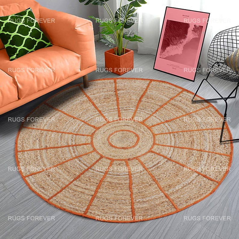 Orange Round Jute Rug Round Area Rug Beige Geometric Braided Rug Yoga