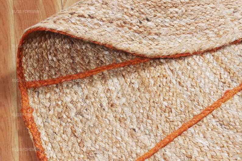 Orange Round Jute Rug Round Area Rug Beige Geometric Braided Rug Yoga