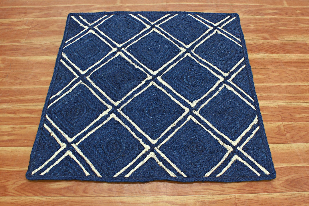 Handmade Blue Jute Rug Braided Natural Fiber Jute Square Floor Area Rug