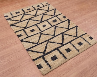 Handwoven Jute Rug, Black Beige Geometric Pattern, Natural Fiber Area Runner