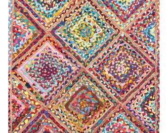 Hand Braided Jute Rug, Multicolor Chindi Cotton, Boho Rug