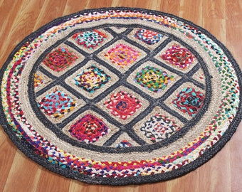 Indian handmade round jute cotton area rug Multicolor chindi cotton rug White entrance mats Living room rug 4x4 6x6 10x10 feet