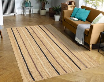 Kilim trenzado a rayas hecho a mano, alfombra de yute natural, alfombra de área comedor, alfombra geométrica al aire libre, 4x6, 8x10 pies