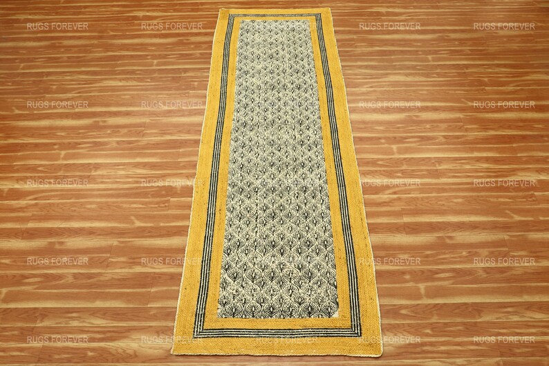 Jute Rugs Yellow Handmade Block Printed Rug Hemp Rug Jute Rug Runner