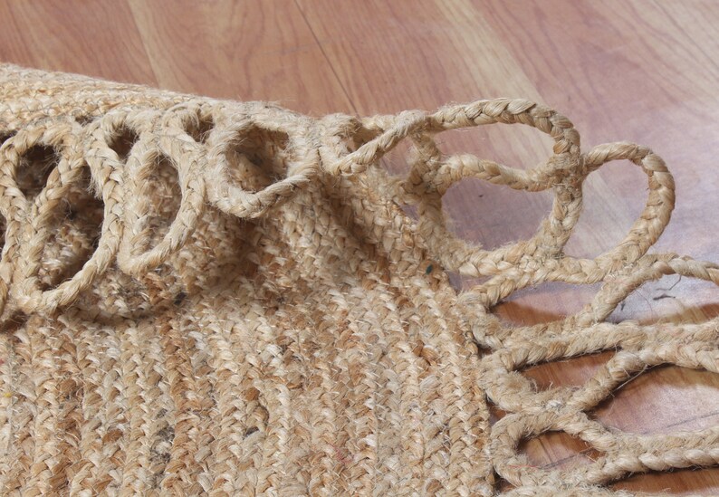 Natural Beige Living Room Carpet Braided Round Area Rug Scalloped