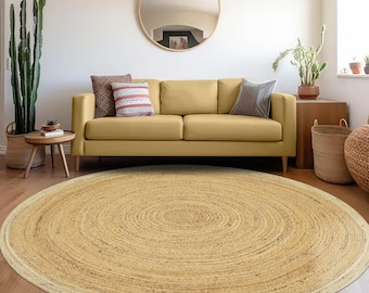 Handgefertigter natürlicher Juteteppich, Beige & Weißer Rundteppich, Tisch-Juteteppich, Kreisteppiche, Boho-Rundteppich, 5x5, 6x6, 8x8 Fuß