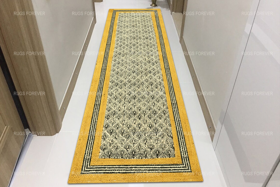 Handmade Block Printed Jute Rug Yellow Jute Runner Area Rug Etsy