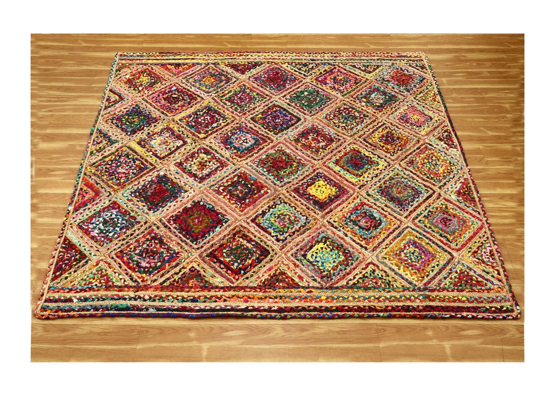 Square Area Kilim Indian Jute Area Rug Chindi Cotton Rug Hand - Etsy