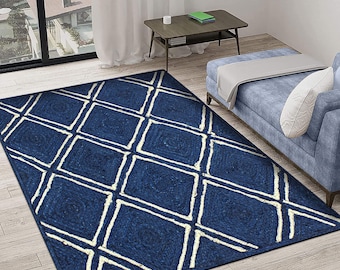 Hand Braided Jute Area Rug, Blue White Geometric Rug, Boho Decor