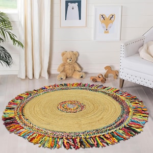 Handgemachter roter Chindi-Baumwollteppich, Mehrfarbiger Rundteppich, Gelber Kreisteppich, Runder Juteteppich für die Küche, 4x4, 10x10 Ft