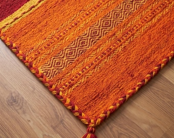 Zonsondergang Oranje en Rood Plat Geweven Vloerkleed Handgeweven met Kwastjes voor Woonkamer Slaapkamer Boho Warme Decoratie