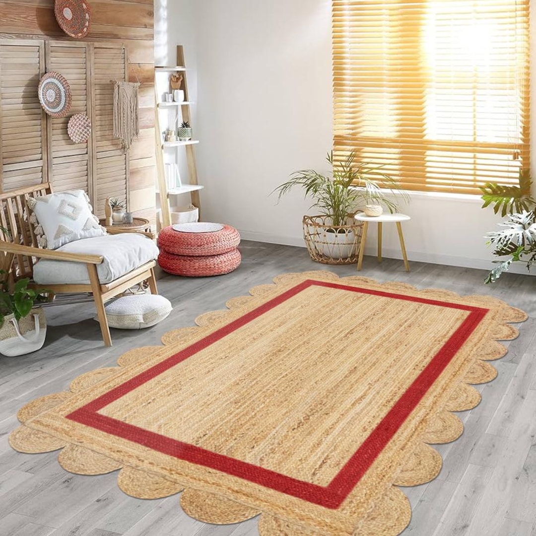 Round Jute Rug Red Handmade Scalloped Jute Rug, Red Border, Bohemian Decor - Etsy
