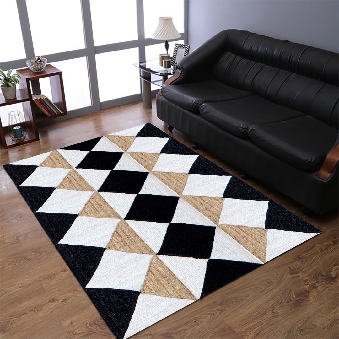 Hand Braided Jute Rug - Natural With Black Lines, 4x6 Feet, Eco-Friendly Area Rug For Living Room, Bedroom, Dining