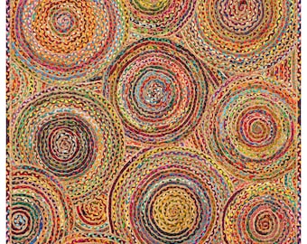 Craft Trade Naturale Lavabile Boho Fiore Tappeto in Iuta Intrecciato a Mano Reversibile Rotondo Tappeto di Juta per Cucina Soggiorno e camera da Letto- 90 cm