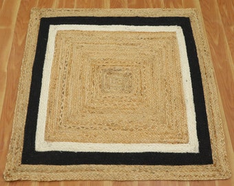 Indian Braided Woven Black Jute Square Area Rug Natural Beige Jute Farmhouse Floor Rug Living Room Carpet Outdoor Patio Rug 4x4 6x6 9x9 Feet