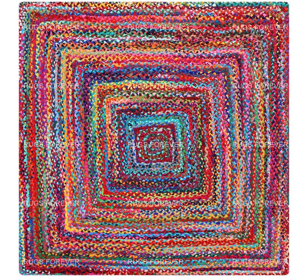 Indian Hand-braided Square Cotton Area Rug Handmade Chindi Cotton Rug ...