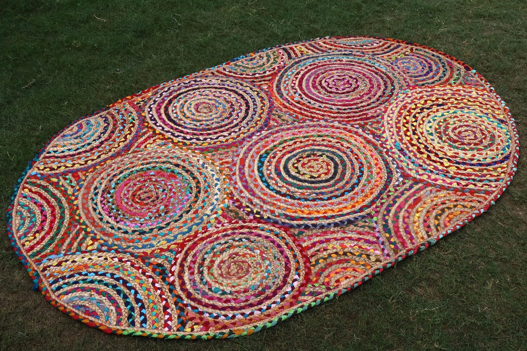 Oval Rug Natural Oval Jute Rug Indian Multicolor Rug Chindi Cotton Area ...