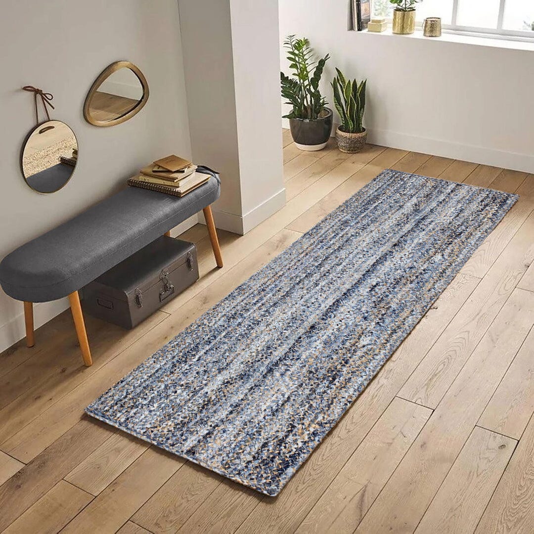 Hand Braided Jute Runner Rug: Blue Beige Boho Entrance Decor - Etsy