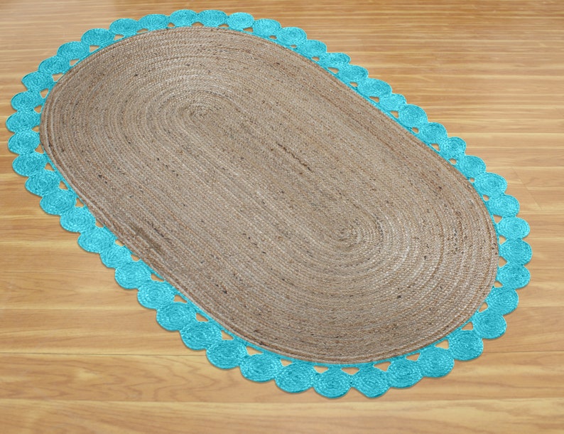 Turquoise Blue Scalloped Rug Natural Scalloped Jute Rug Oval Area Rug