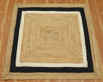 Indian Square Jute Rug Handmade Black Jute Rug Braided Floor Rug Living Room Carpet Outdoor Patio Rug Large Jute Rug 4x4 8x8 10x10 Feet