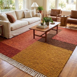 Tappeto in Lana Mid Century Modern, Tessuto a Mano Ocra e Ruggine Motivo Astratto, Decoro Salotto Retro Anni 70 con Frange