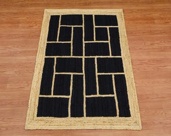 Alfombra rectangular de yute negro, beige, hecha a mano, para pasillo, yoga, exterior, estilo bohemio, 2 x 8, 6 x 8, 8 x 10 pies