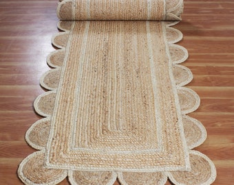 Natural Scalloped Runner Rug Braided Hallway Runner Rug Beige Scalloped Jute Rug Farmhouse Kitchen Runner Rug 2x8 3x10 4x12 Feet