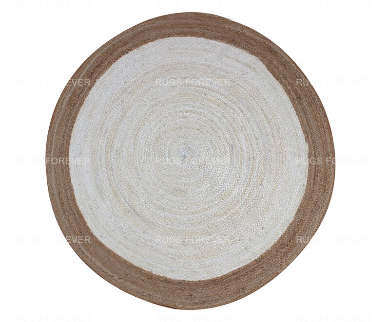 Blue Round Dining Room Carpet Braided White Jute Rug Bedroom, Living