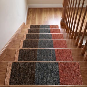 Traptreden Set van Dikke Wol met Kleurvlakken in Klei Cacao en Grafiet, Handgeweven Trapmatten voor Houten Trap, Boho uit India