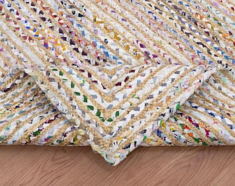 Hand Braided Jute Rug, White Chindi Cotton Runner, Multicolor Boho Rug