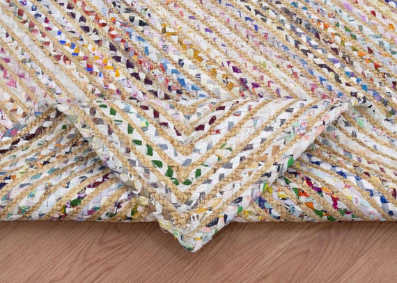 Hand Braided Jute Rug, White Chindi Cotton Runner, Multicolor Boho Rug