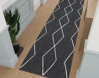 Alfombra de yute geométrica negra trenzada a mano, estilo bohemio rosa, para sala de estar, dormitorio y comedor, personalizada