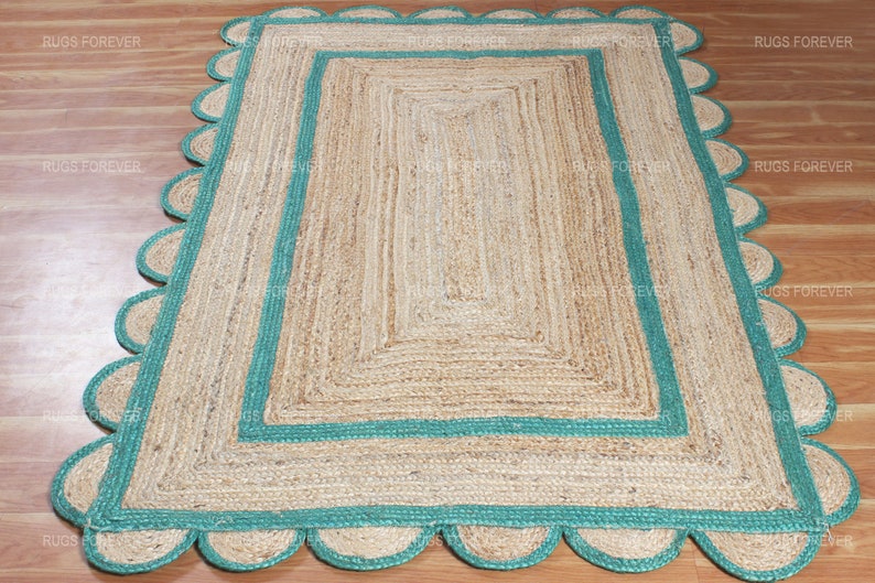 Natural Scalloped Jute Runner Area Rug Braided Red Square Living Room
