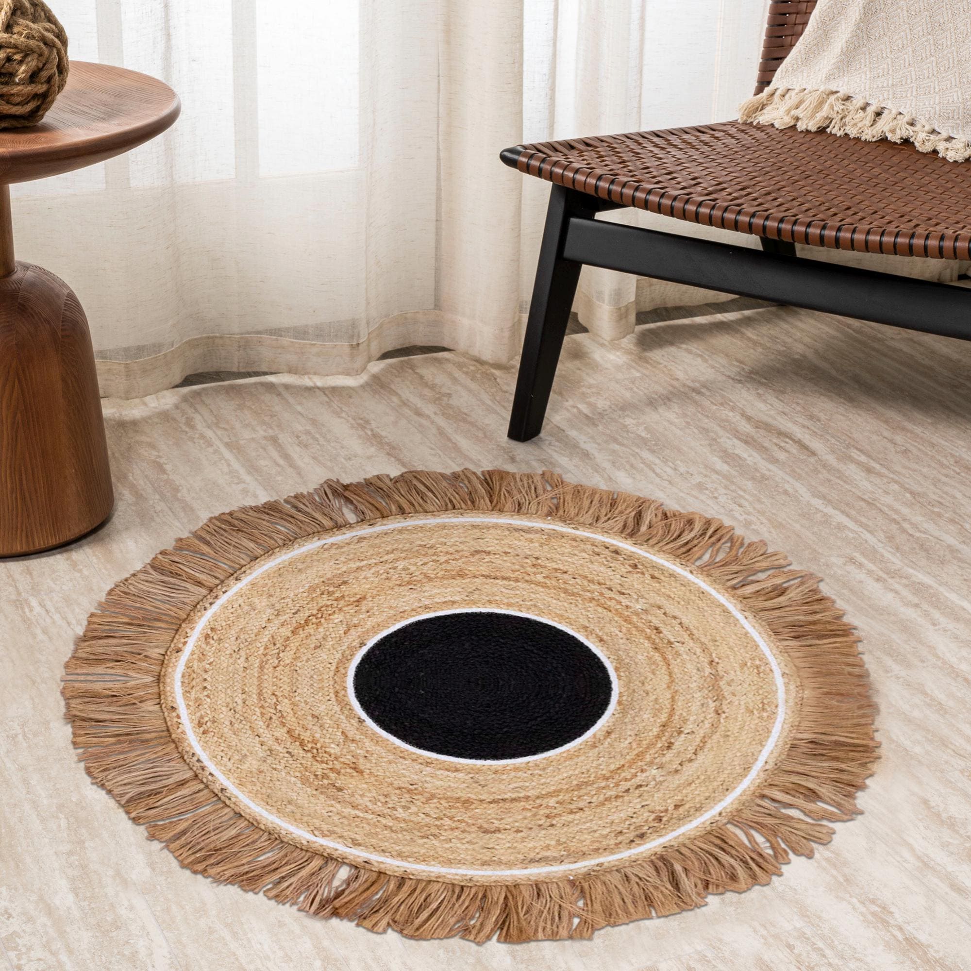 Handmade Beige & Black Round Jute Rug, Circle Area Rug, Hand