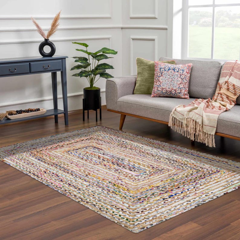 Hand Braided Jute Rug, White Chindi Cotton Rug, Multicolor Hallway Runner Rug, Indoor Rug, Rugs For Living Room, Customize Rug 2x8, 2x10 Ft