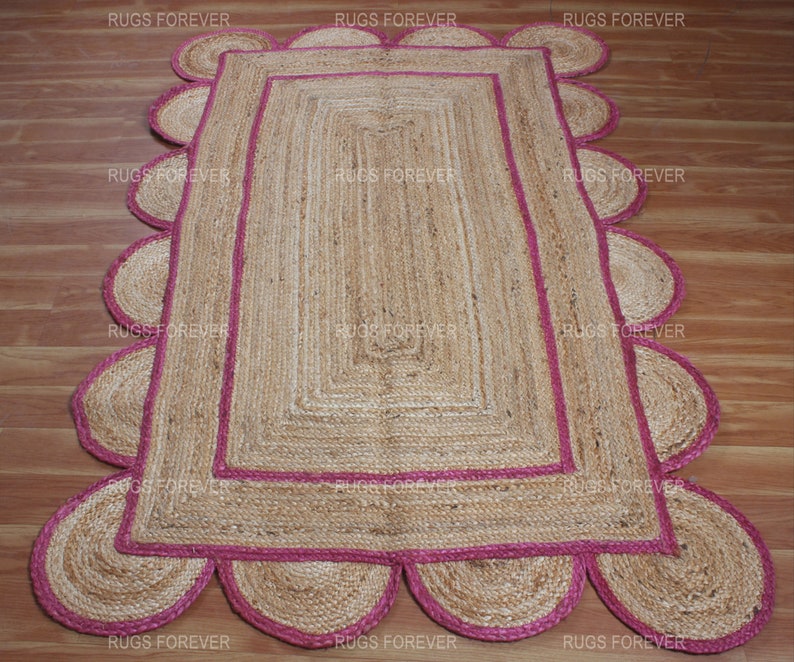 Natural Scalloped Jute Runner Area Rug Braided Red Square Living Room