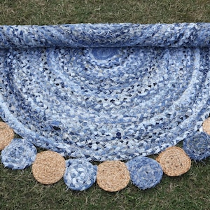 Hand Braided Blue Chindi Cotton Rug, Scalloped Round Rug, Circle Area Rug, Kidsroom, Badroom, Outdoor Decor Scalloped Jute Rug, 4x4 10x10 Ft