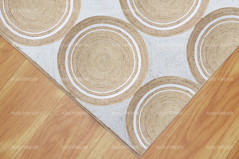 Handmade Jute Rug Beige White Braided Rug Geometric Dining Room Rug