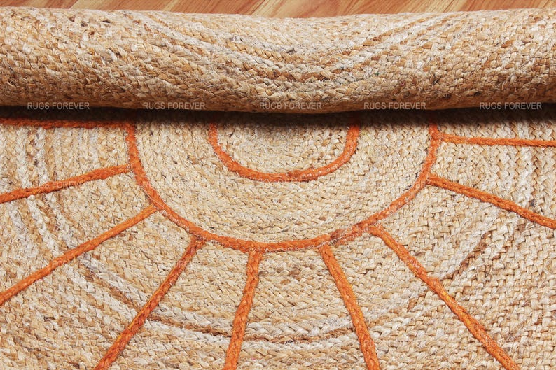 Orange Round Jute Rug Round Area Rug Beige Geometric Braided Rug Yoga