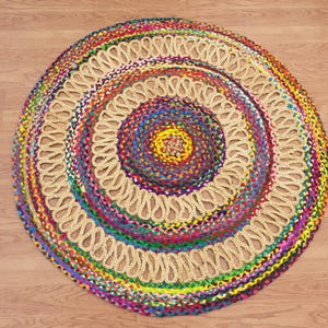 Alfombra de yute de algodón multicolor, redonda, trenzada, hecha a mano en la India, para sala de estar, exterior, (90 x 90 cm, 21 x 21 cm).
