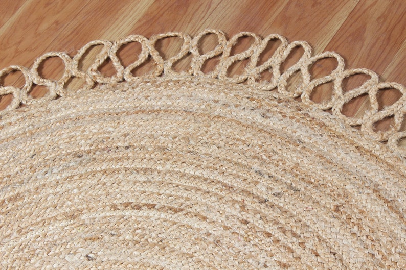 Natural Beige Living Room Carpet Braided Round Area Rug Scalloped