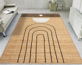 Alfombra de yute de fibra beige, alfombra de yute trenzada a mano, sala de estar geométrica, dormitorio, 5x8 7x7 4x20 pies.